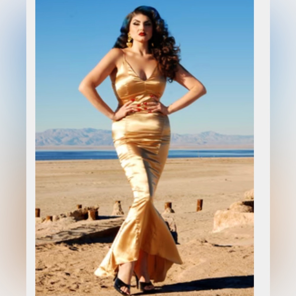 Medium Gold Charmeuse Venus Gown by Laura Byrnes Pinup Girl Clothing